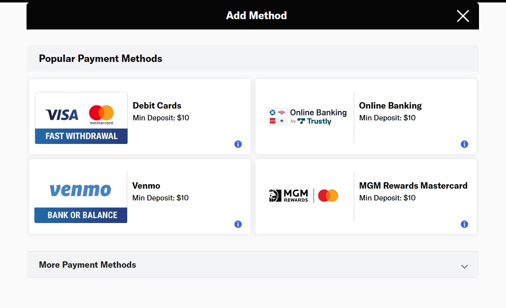 Deposit 'Add Method' screen showing Venmo as a payment option.